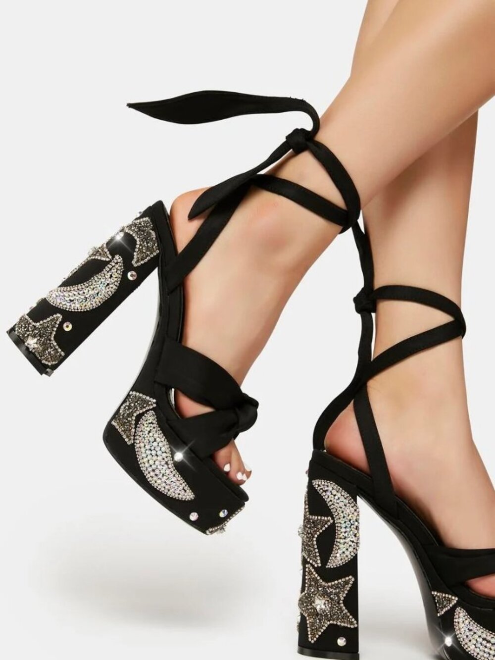 AZALEA WANG Storm Platform Sandals Lace-Up Heels with Crystal Moon Star Accents - Picture 4 of 9